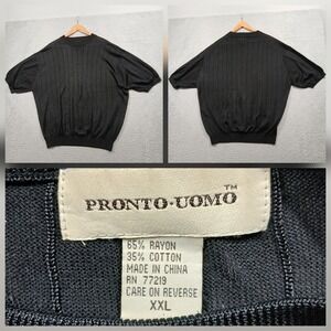 Pronto Uomo Shirt Mens XXL Black Short Sleeve Textured Knit Rayon Cotton Blend